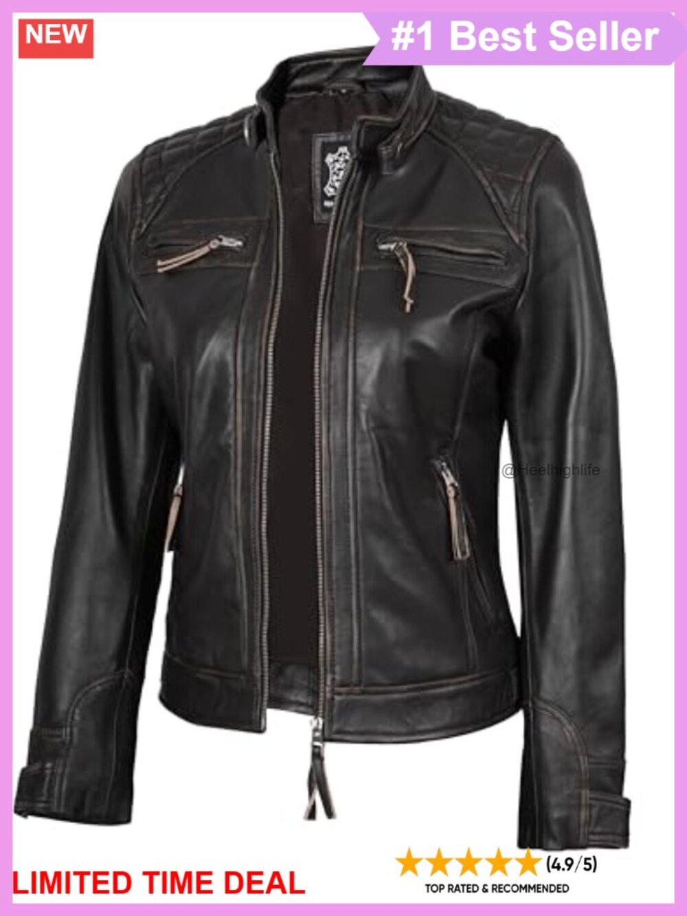 Real Lambskin Leather Moto Jacket Quilted Cafe Racer Zip Up